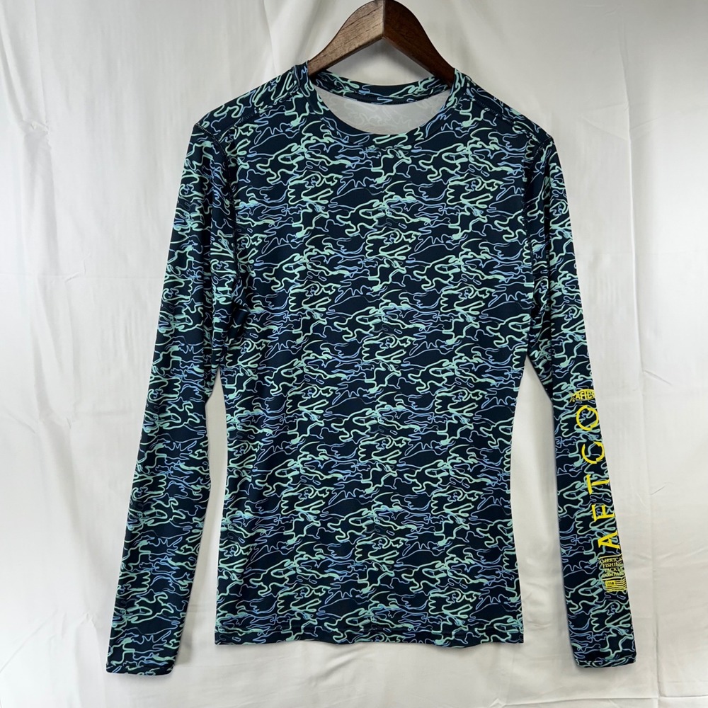 AFTCO Performance Sun Shirt Womens Small Blue Camo Long Sleeve Thumbhole